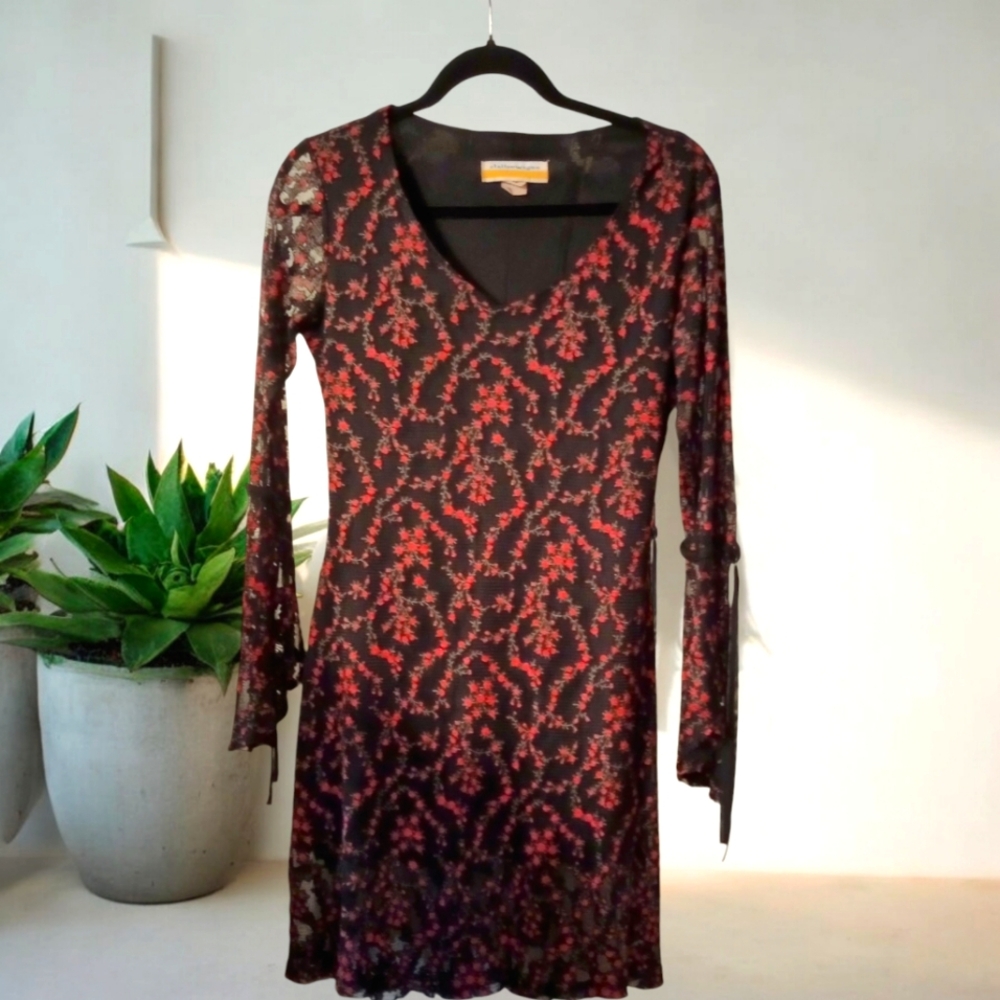 Vintage Women's Sheer Knit Floral Midi Dress By Stationwagon. Black&Red Size XL